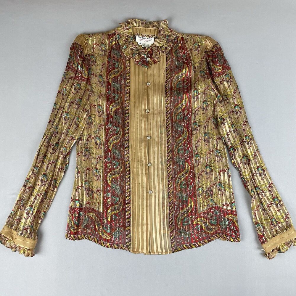 Vintage The Silk Farm Silk Printed Blouse Long Sleeve Button Front Women's 10